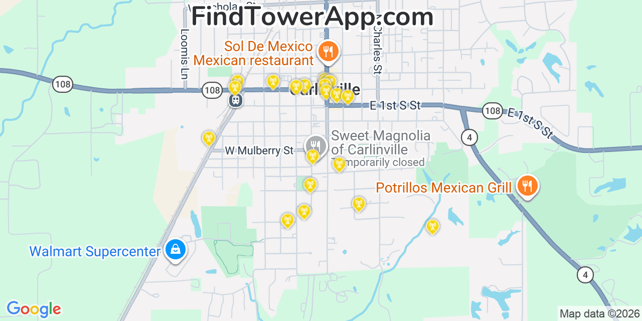 Map showing the 20 primary cell tower locations detected in Carlinville, Illinois from AT&T, Verizon, and T-Mobile networks