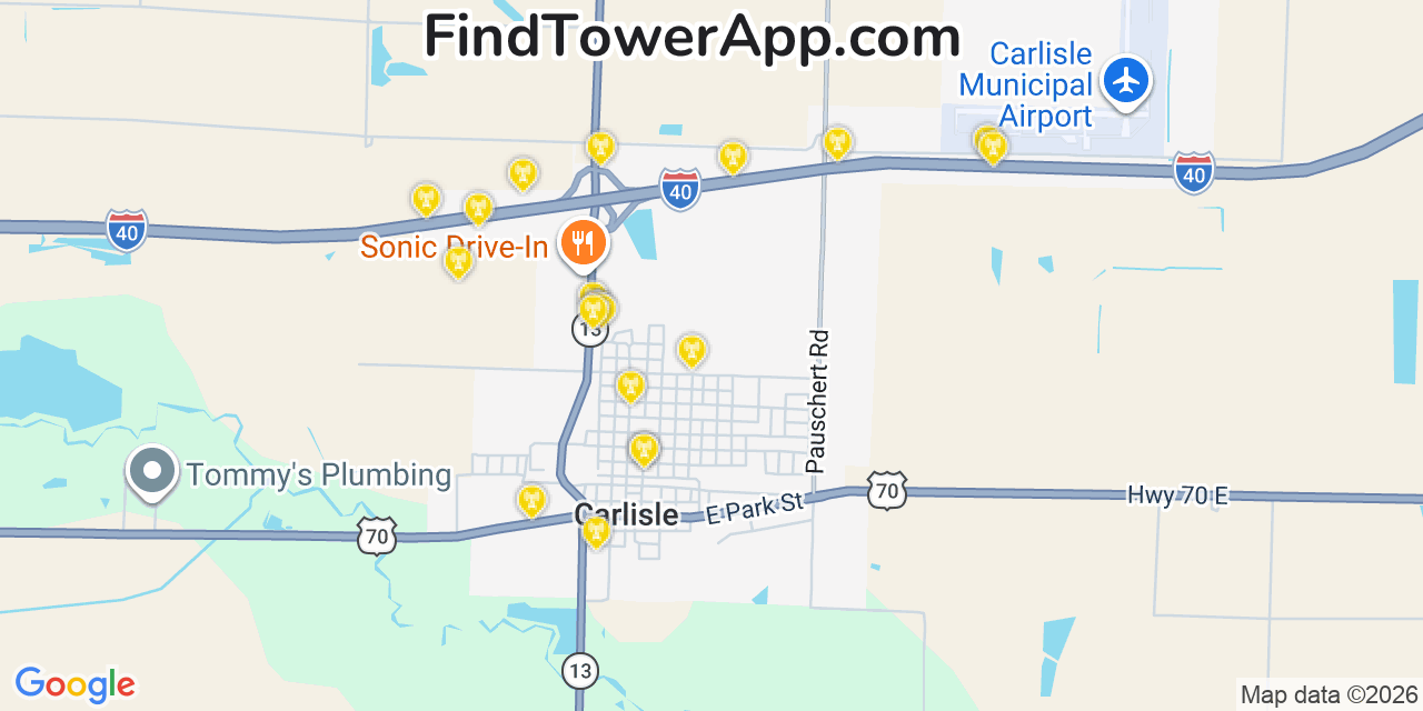 Map showing the 20 primary cell tower locations detected in Carlisle, Arkansas from AT&T, Verizon, and T-Mobile networks