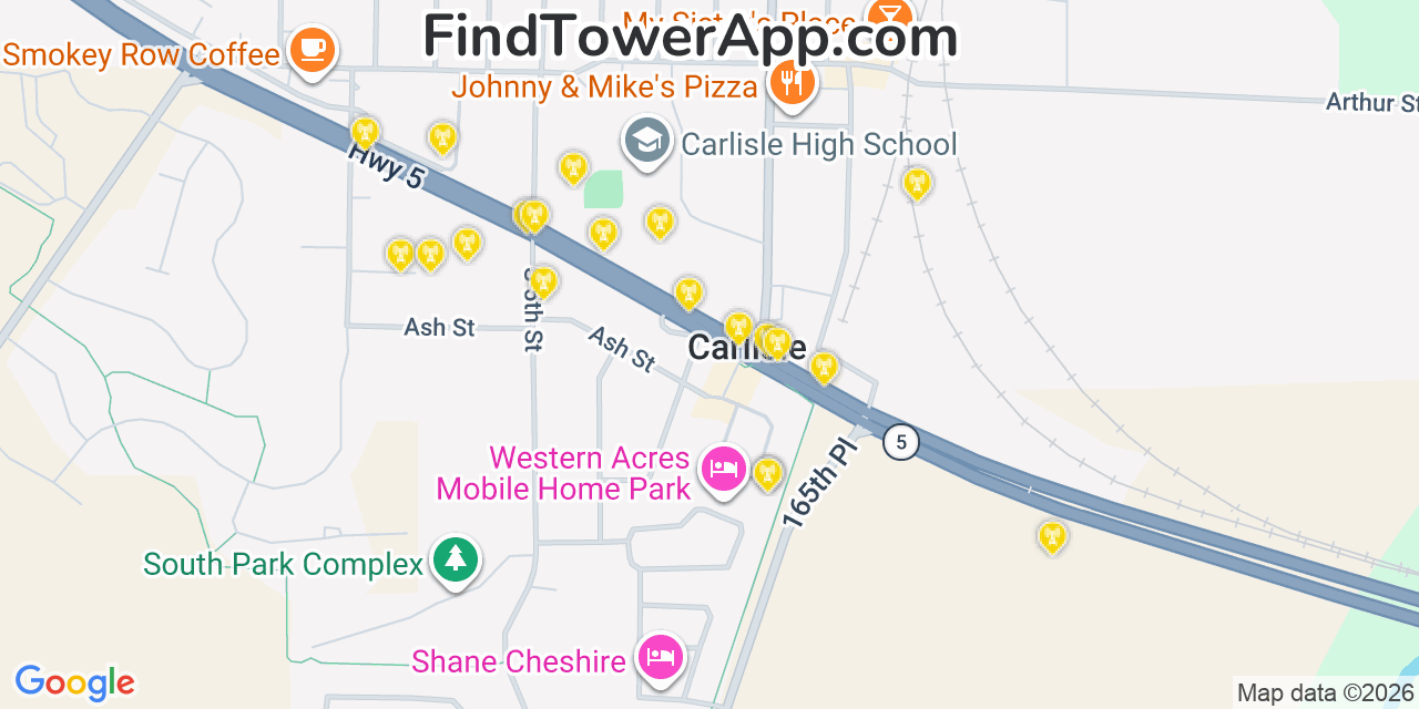Map showing the 20 primary cell tower locations detected in Carlisle, Iowa from AT&T, Verizon, and T-Mobile networks