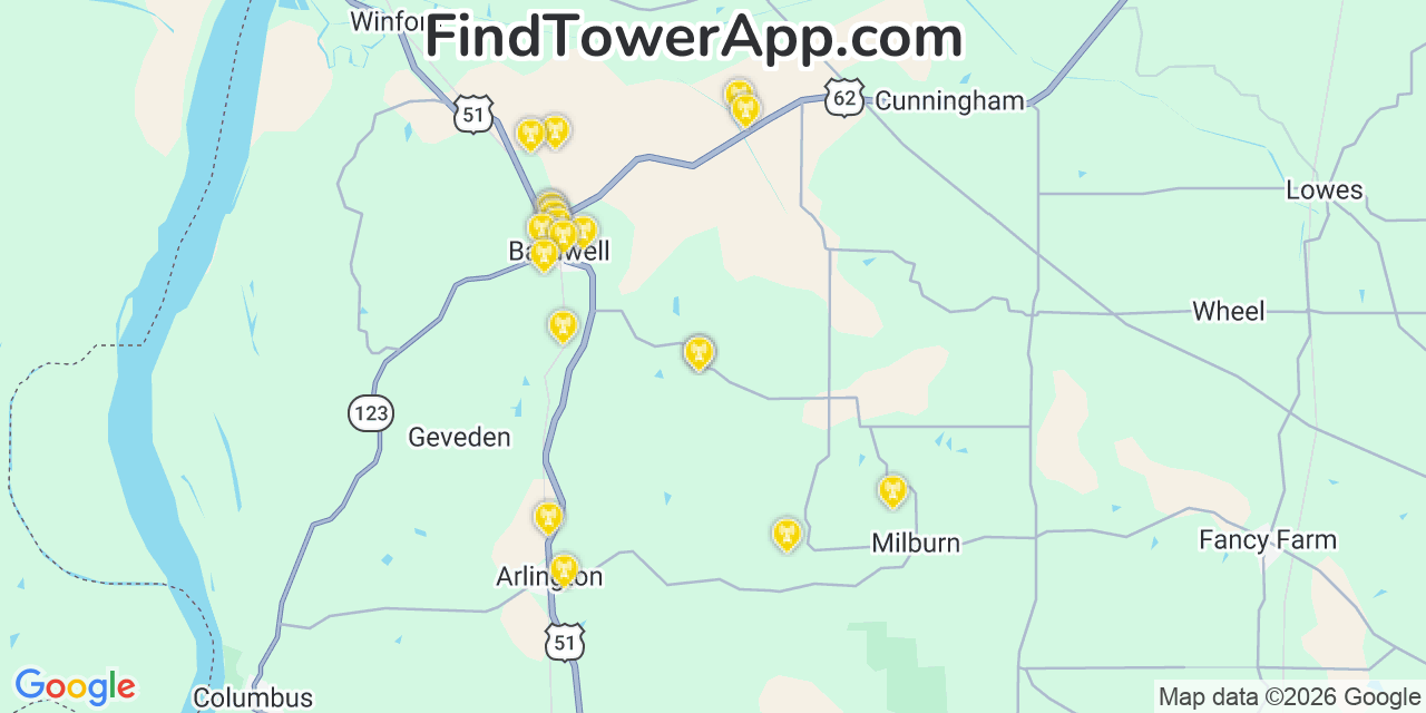 Map showing the 20 primary cell tower locations detected in Carlisle, Kentucky from AT&T, Verizon, and T-Mobile networks