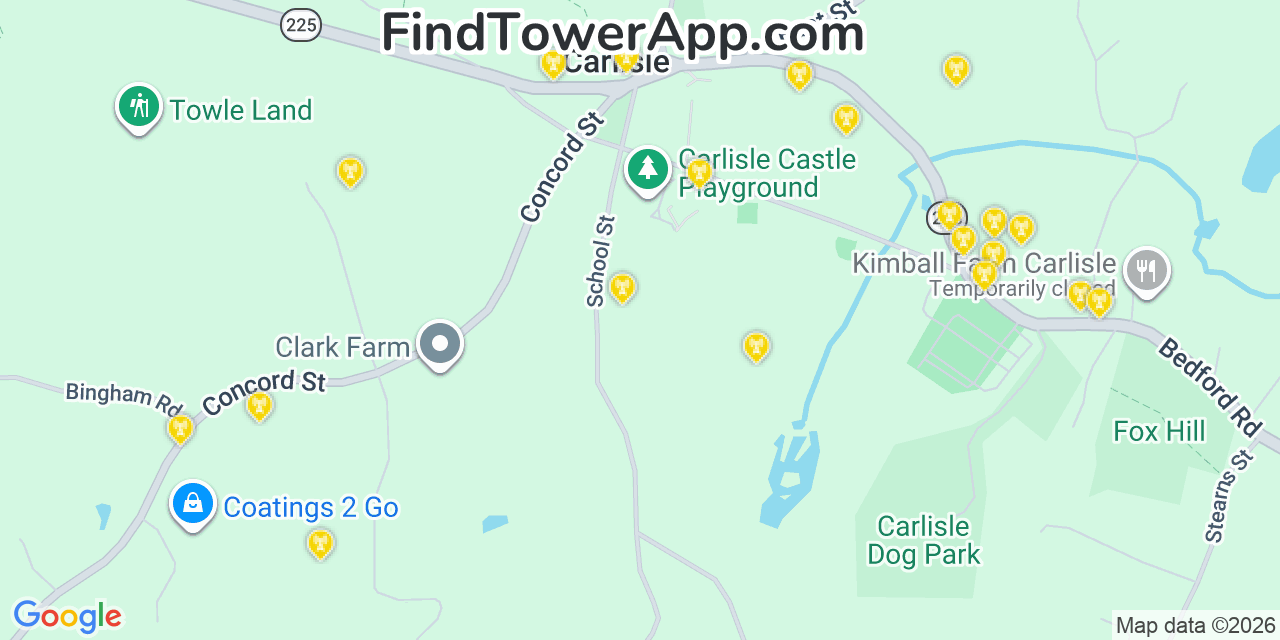 Map showing the 20 primary cell tower locations detected in Carlisle, Massachusetts from AT&T, Verizon, and T-Mobile networks