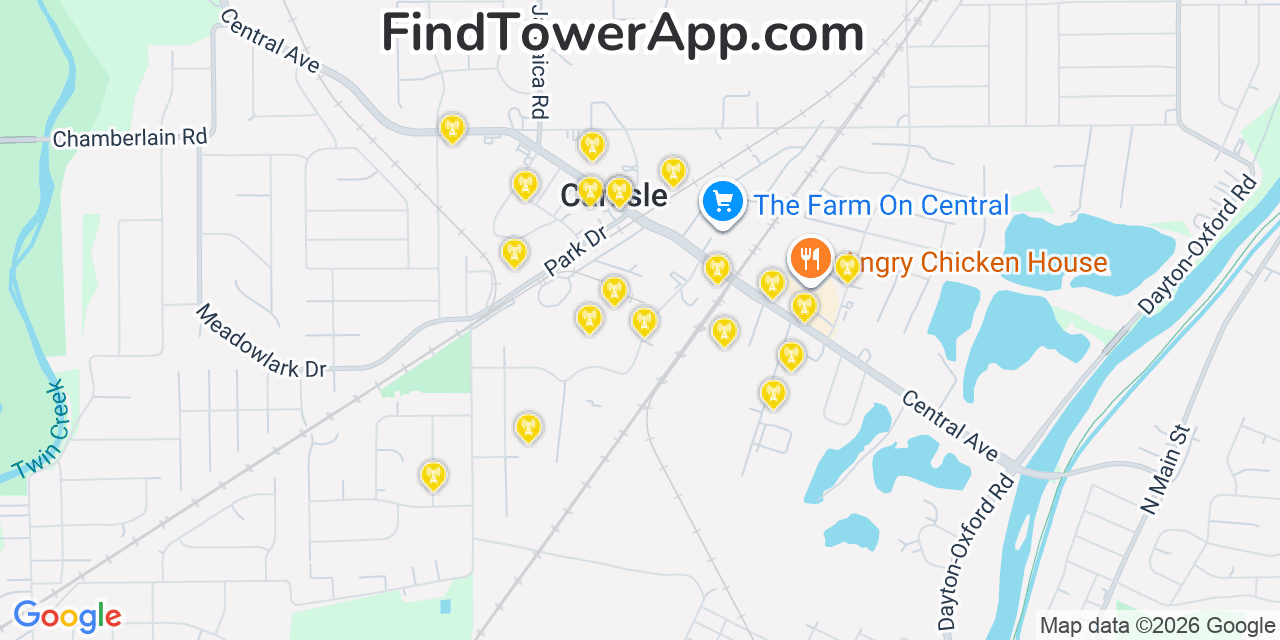 Map showing the 20 primary cell tower locations detected in Carlisle, Ohio from AT&T, Verizon, and T-Mobile networks