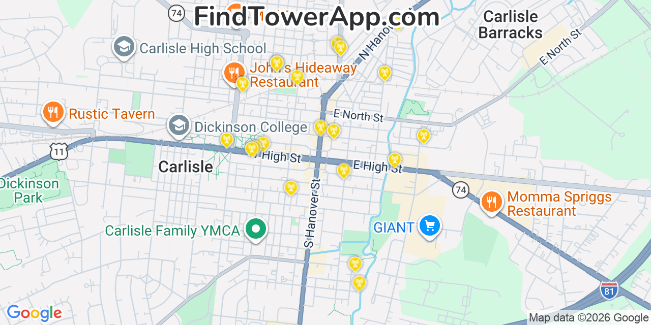 Map showing the 20 primary cell tower locations detected in Carlisle, Pennsylvania from AT&T, Verizon, and T-Mobile networks