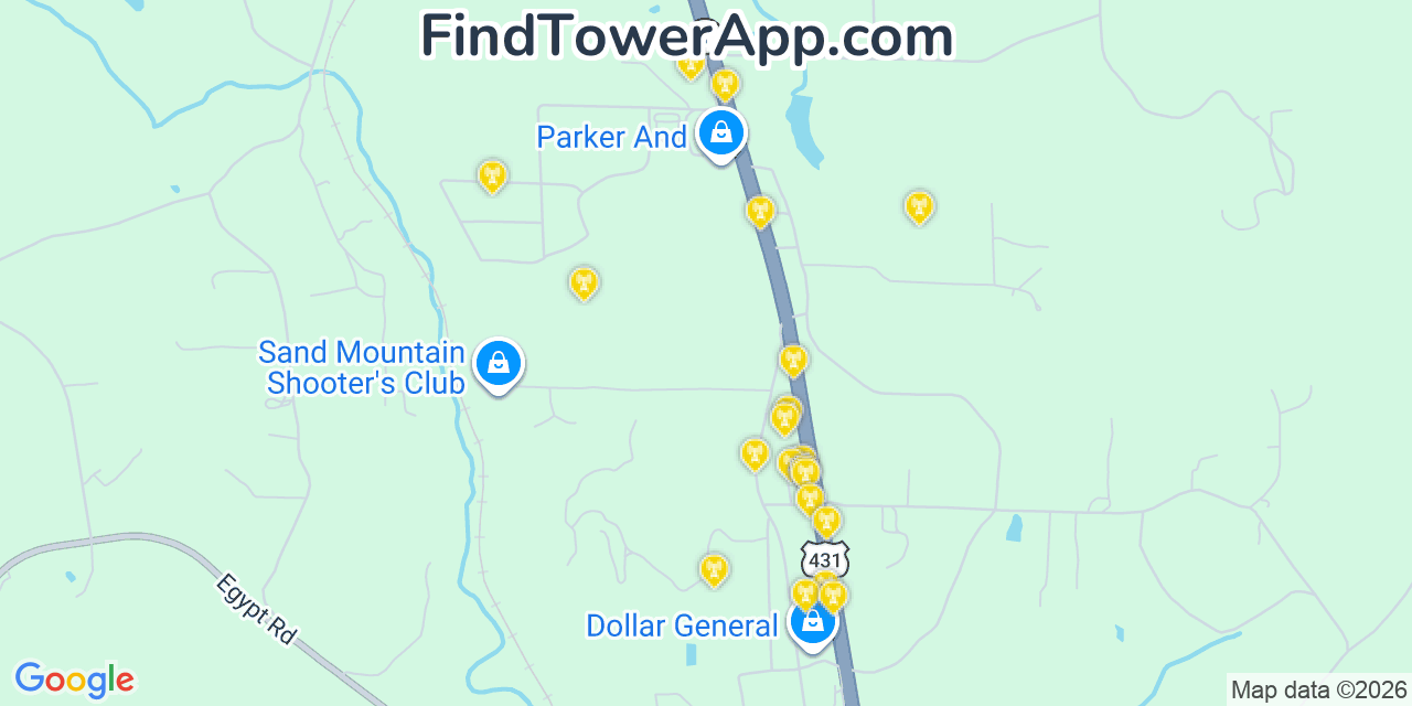 Map showing the 20 primary cell tower locations detected in Carlisle Rockledge, Alabama from AT&T, Verizon, and T-Mobile networks