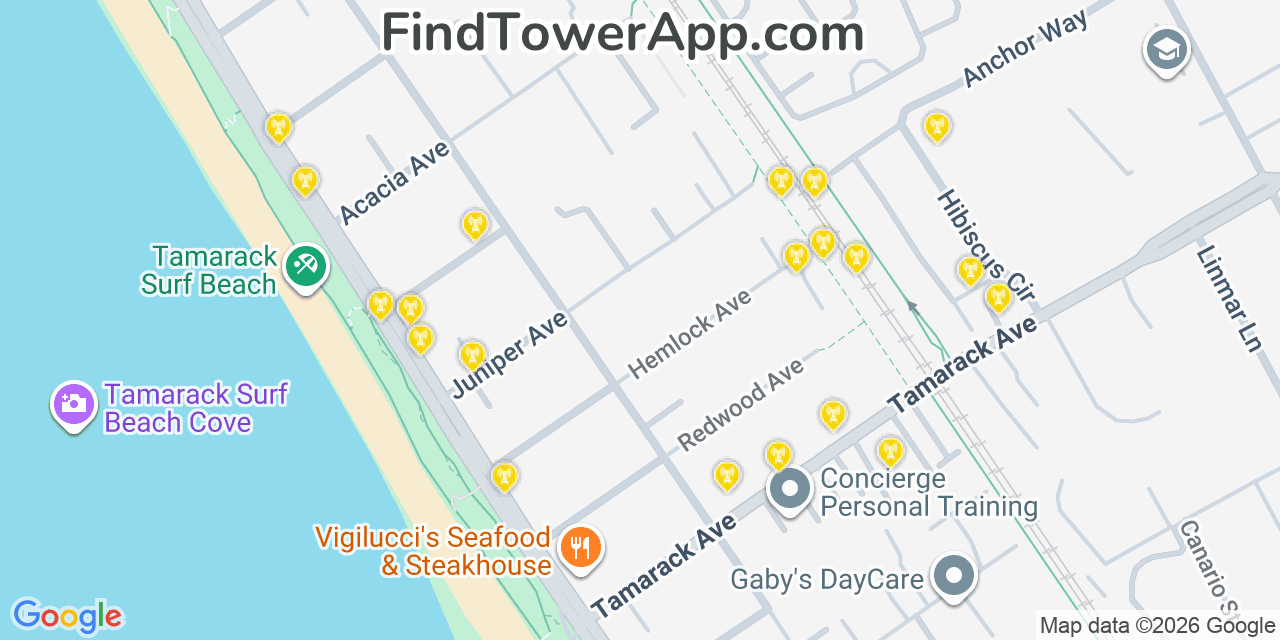 Map showing the 20 primary cell tower locations detected in Carlsbad, California from AT&T, Verizon, and T-Mobile networks
