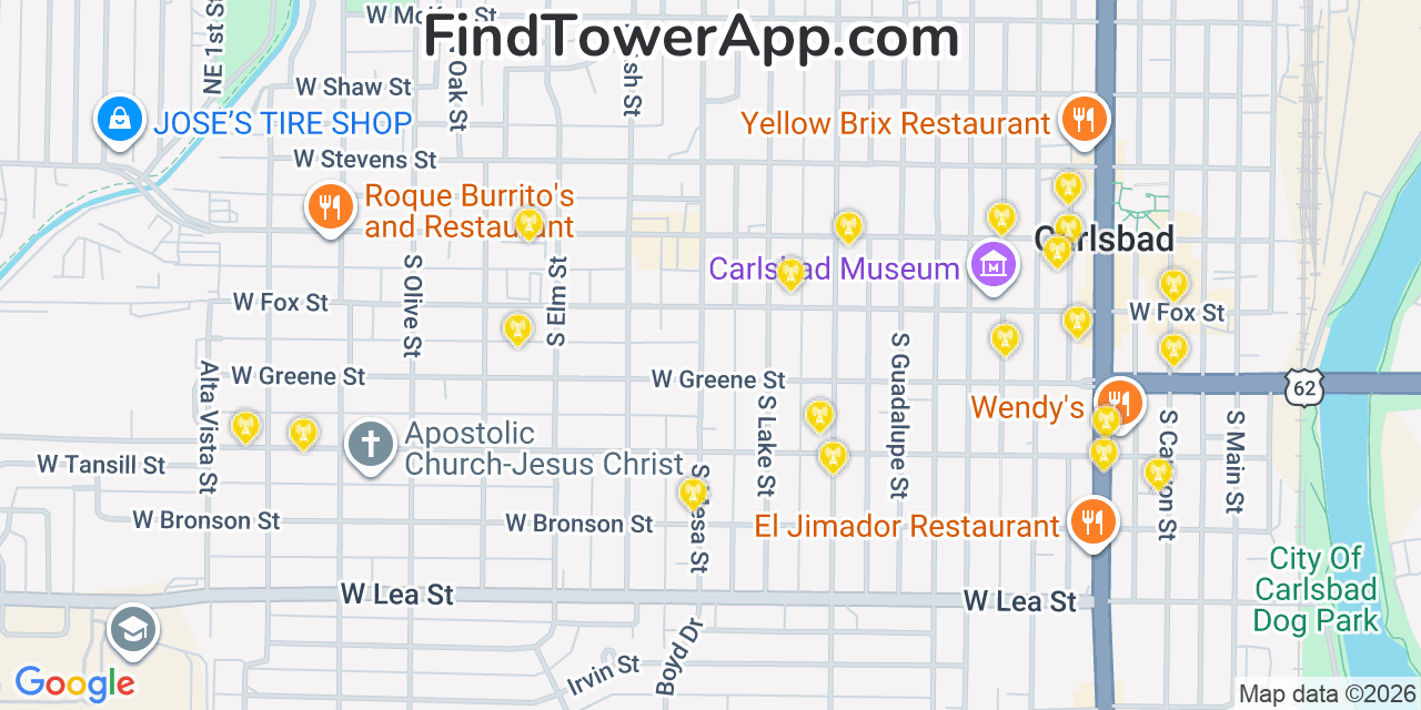 Map showing the 20 primary cell tower locations detected in Carlsbad, New Mexico from AT&T, Verizon, and T-Mobile networks