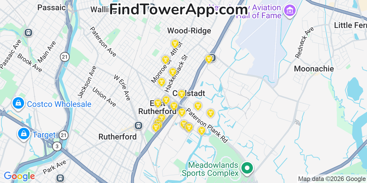 Map showing the 20 primary cell tower locations detected in Carlstadt, New Jersey from AT&T, Verizon, and T-Mobile networks
