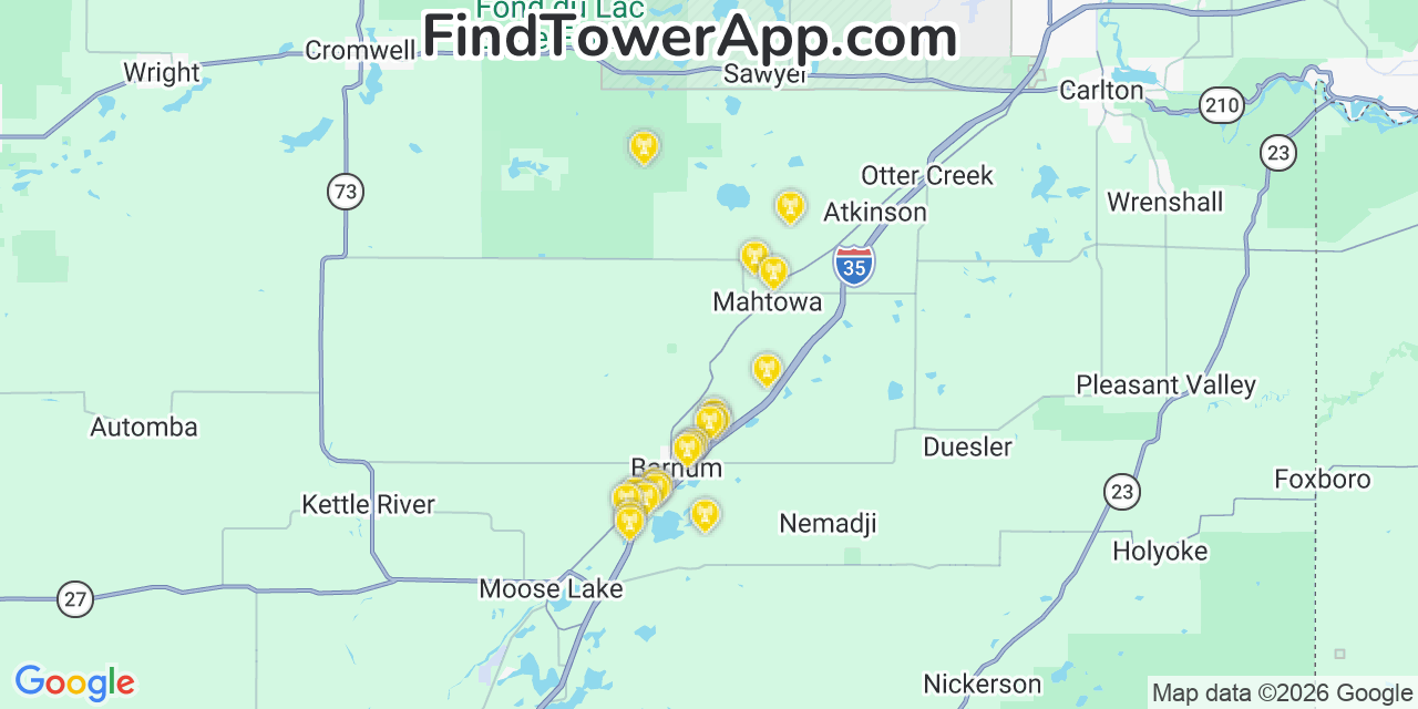 Map showing the 20 primary cell tower locations detected in Carlton, Minnesota from AT&T, Verizon, and T-Mobile networks