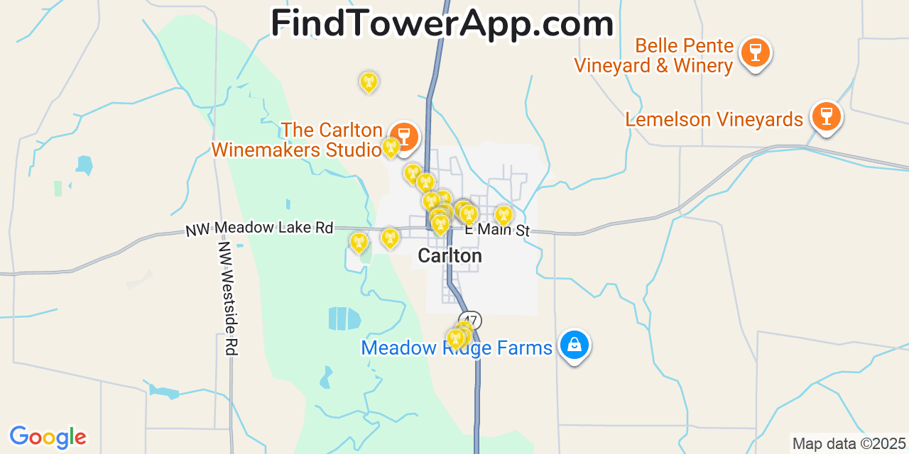 Map showing the 20 primary cell tower locations detected in Carlton, Oregon from AT&T, Verizon, and T-Mobile networks