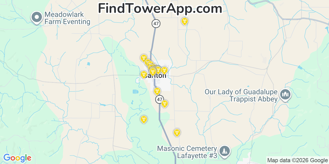 Map showing the 20 primary cell tower locations detected in Carlton, Oregon from AT&T, Verizon, and T-Mobile networks