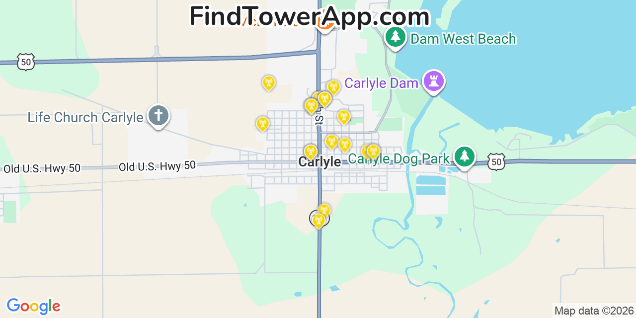 Map showing the 20 primary cell tower locations detected in Carlyle, Illinois from AT&T, Verizon, and T-Mobile networks