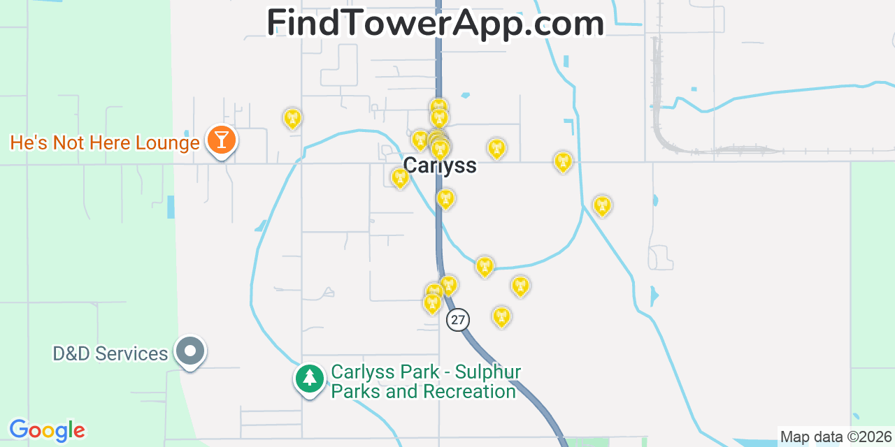 Map showing the 20 primary cell tower locations detected in Carlyss, Louisiana from AT&T, Verizon, and T-Mobile networks