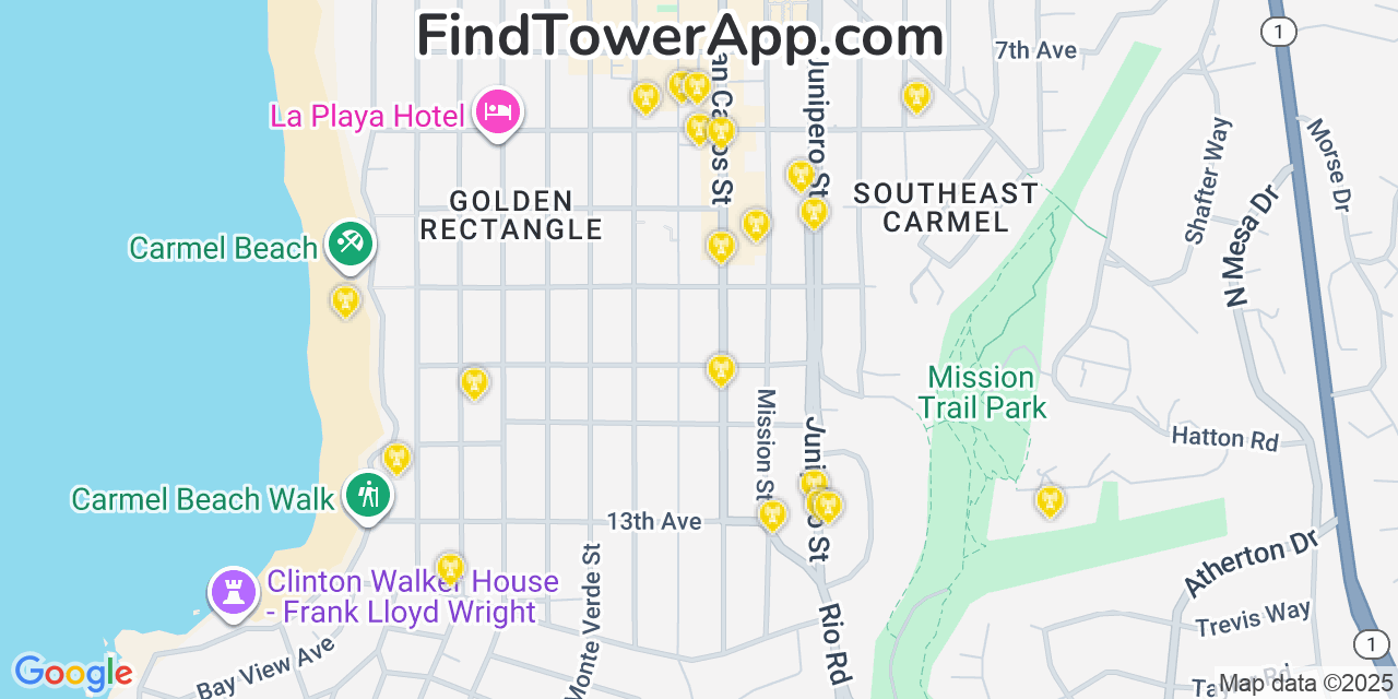 Map showing the 20 primary AT&T cell tower locations detected in Carmel By The Sea, California with coverage radius and signal strength indicators