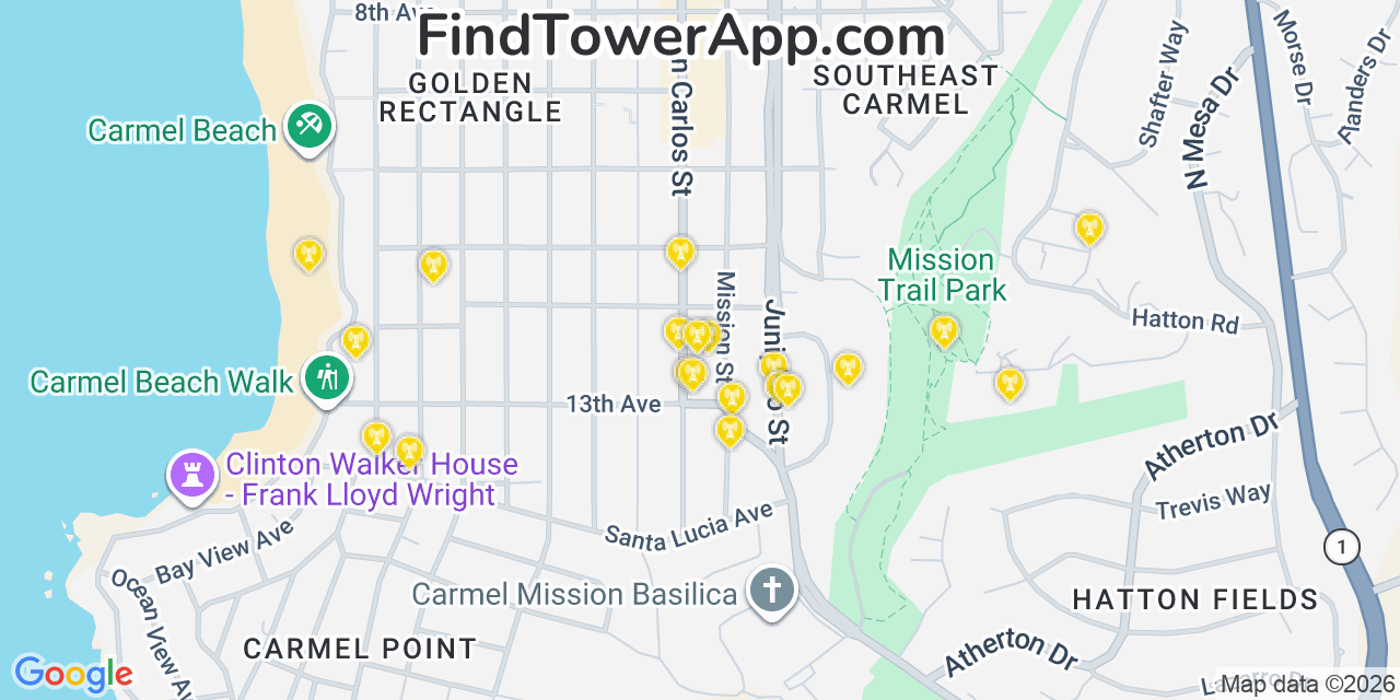 Map showing the 20 primary cell tower locations detected in Carmel By The Sea, California from AT&T, Verizon, and T-Mobile networks
