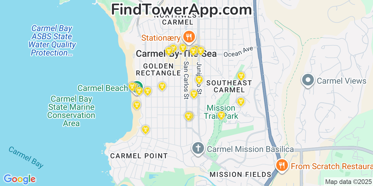 Map showing the 20 primary T-Mobile cell tower locations detected in Carmel By The Sea, California with coverage radius and signal strength indicators