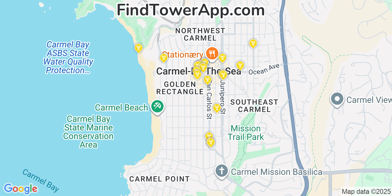 Map showing the 20 primary Verizon cell tower locations detected in Carmel By The Sea, California with coverage radius and signal strength indicators