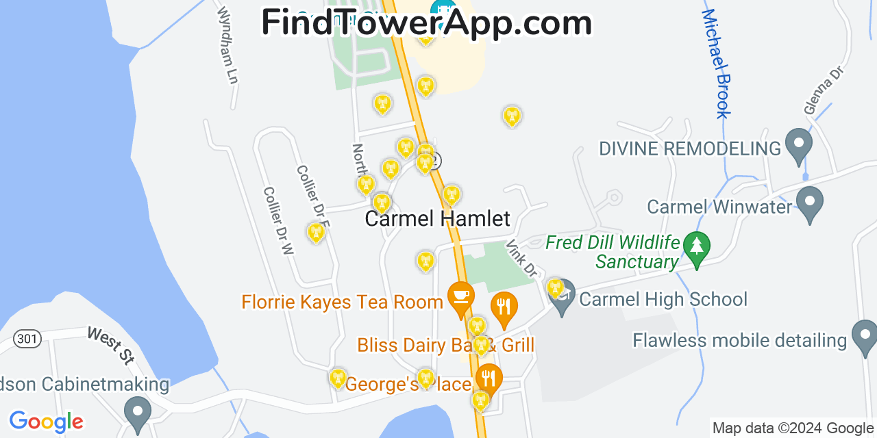 AT&T 4G/5G cell tower coverage map Carmel Hamlet, New York