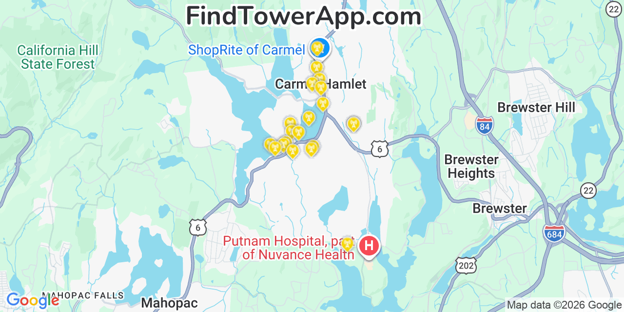 Map showing the 20 primary cell tower locations detected in Carmel Hamlet, New York from AT&T, Verizon, and T-Mobile networks