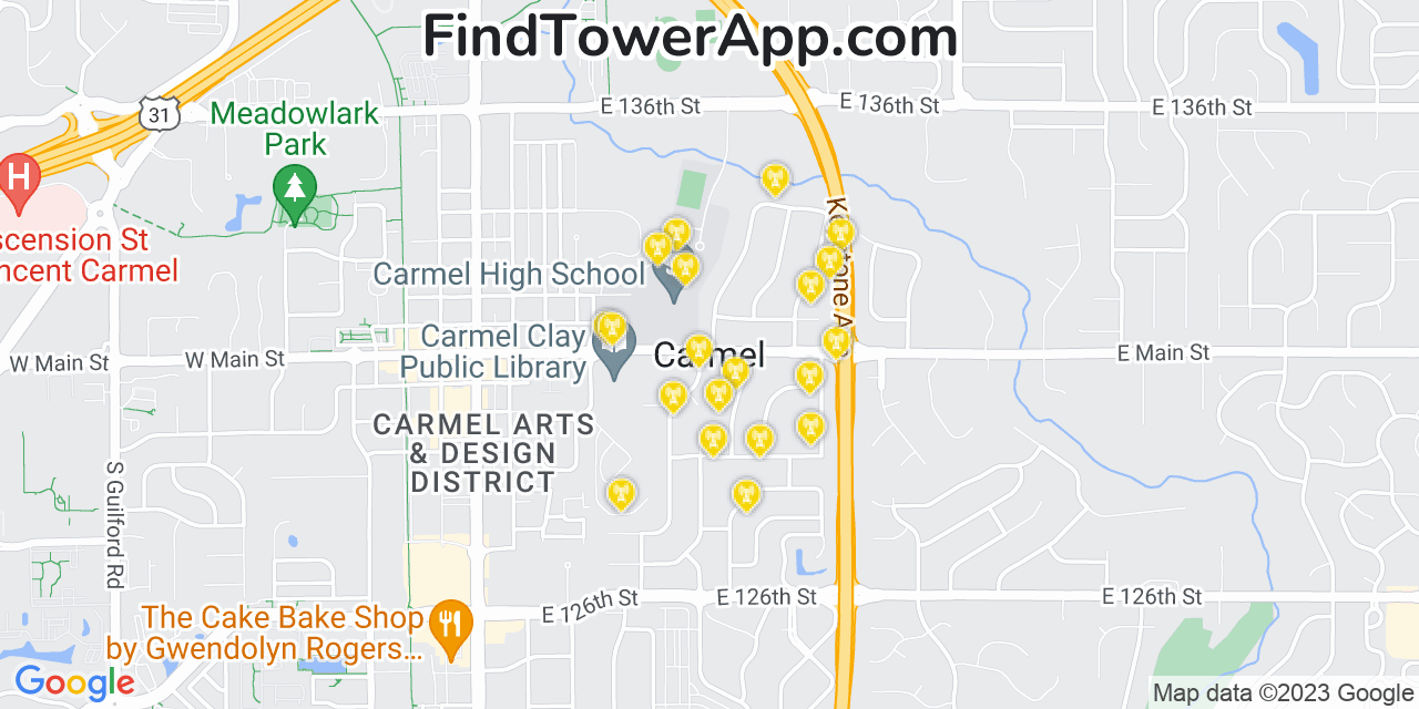 AT&T 4G/5G cell tower coverage map Carmel, Indiana