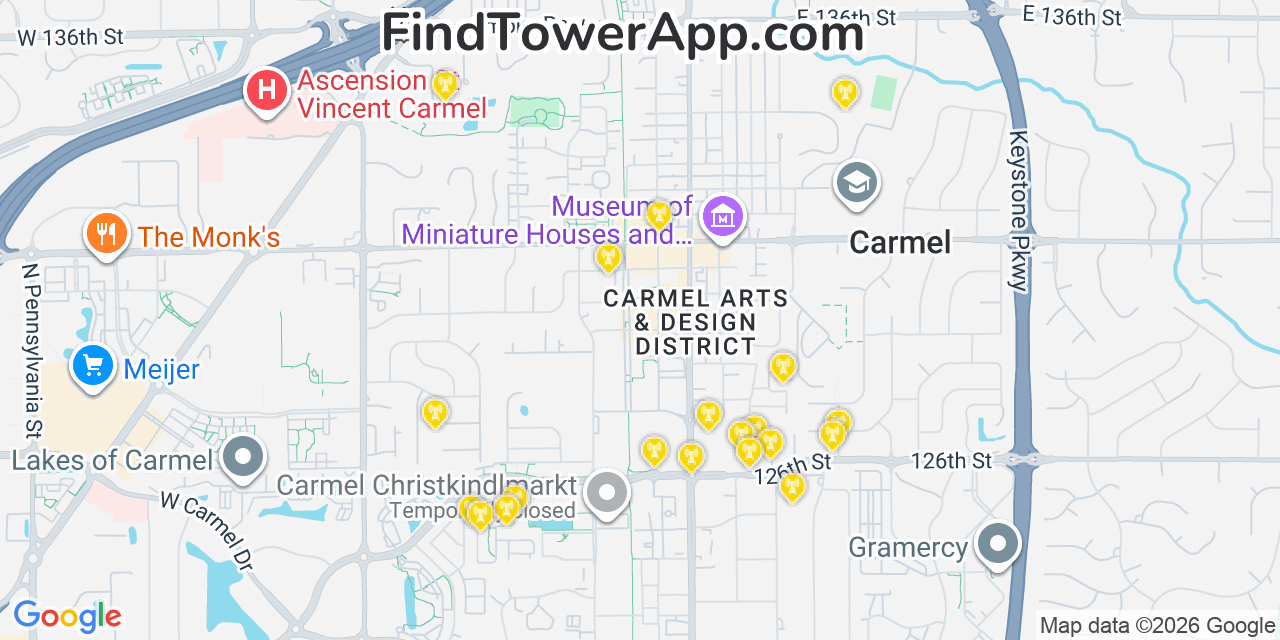Map showing the 20 primary cell tower locations detected in Carmel, Indiana from AT&T, Verizon, and T-Mobile networks