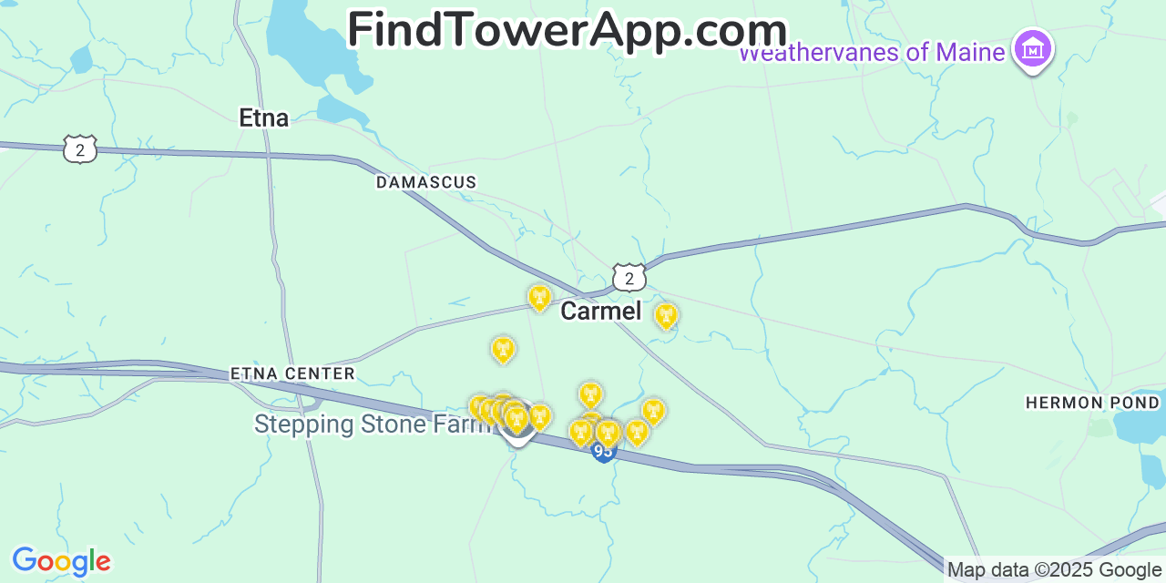 Map showing the 20 primary cell tower locations detected in Carmel, Maine from AT&T, Verizon, and T-Mobile networks