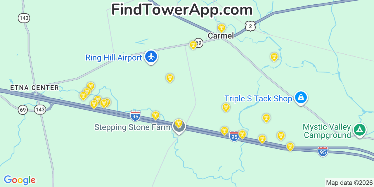 Map showing the 20 primary cell tower locations detected in Carmel, Maine from AT&T, Verizon, and T-Mobile networks