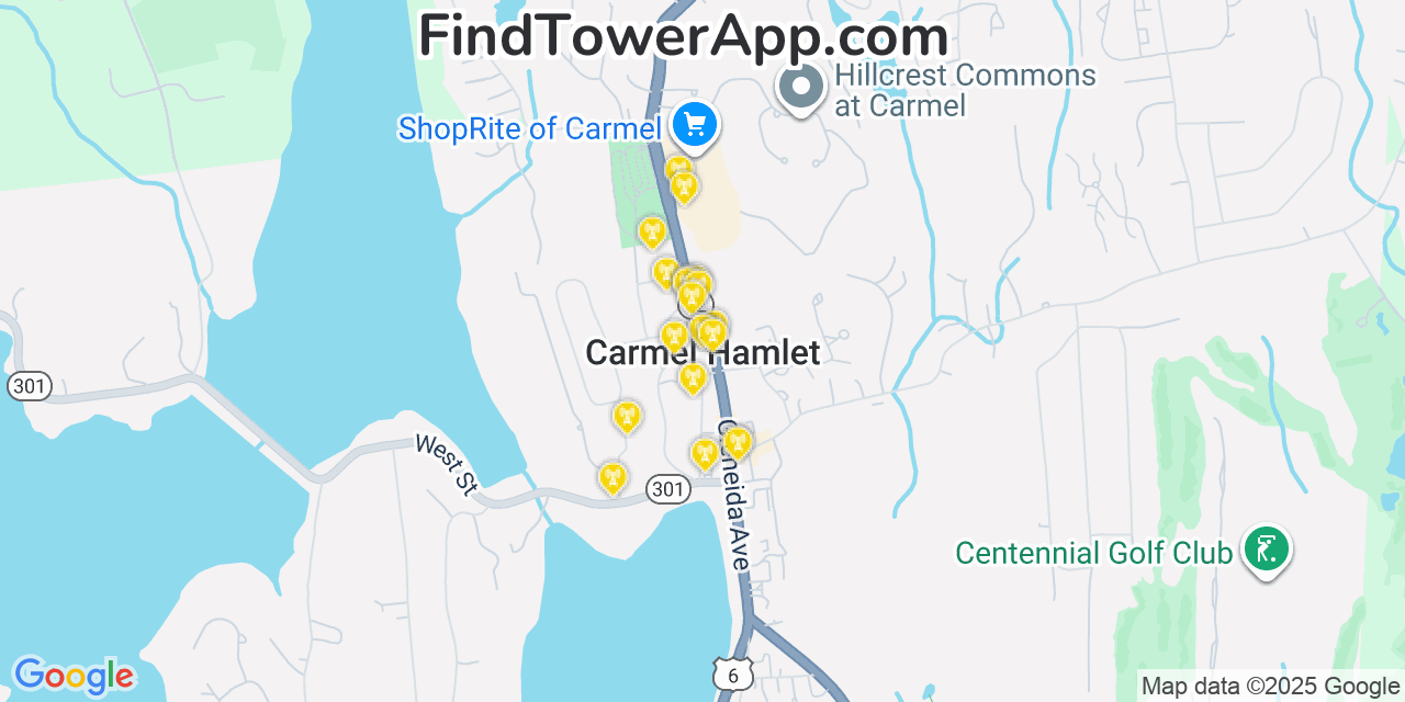 Map showing the 20 primary cell tower locations detected in Carmel, New York from AT&T, Verizon, and T-Mobile networks