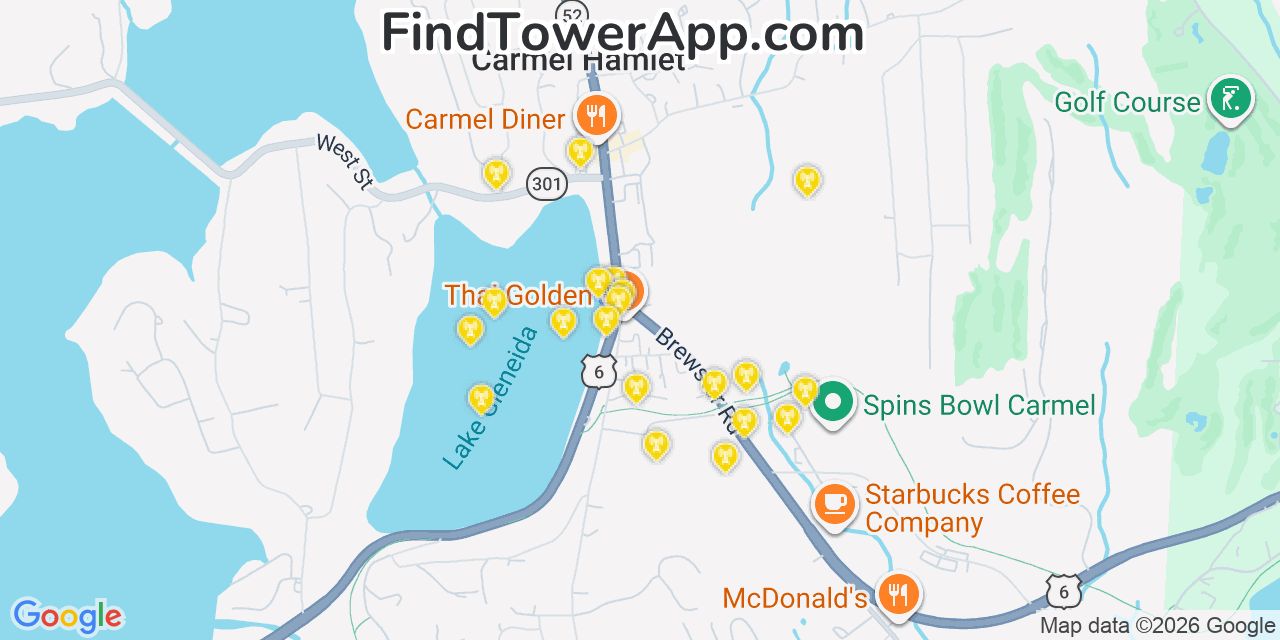 Map showing the 20 primary cell tower locations detected in Carmel, New York from AT&T, Verizon, and T-Mobile networks