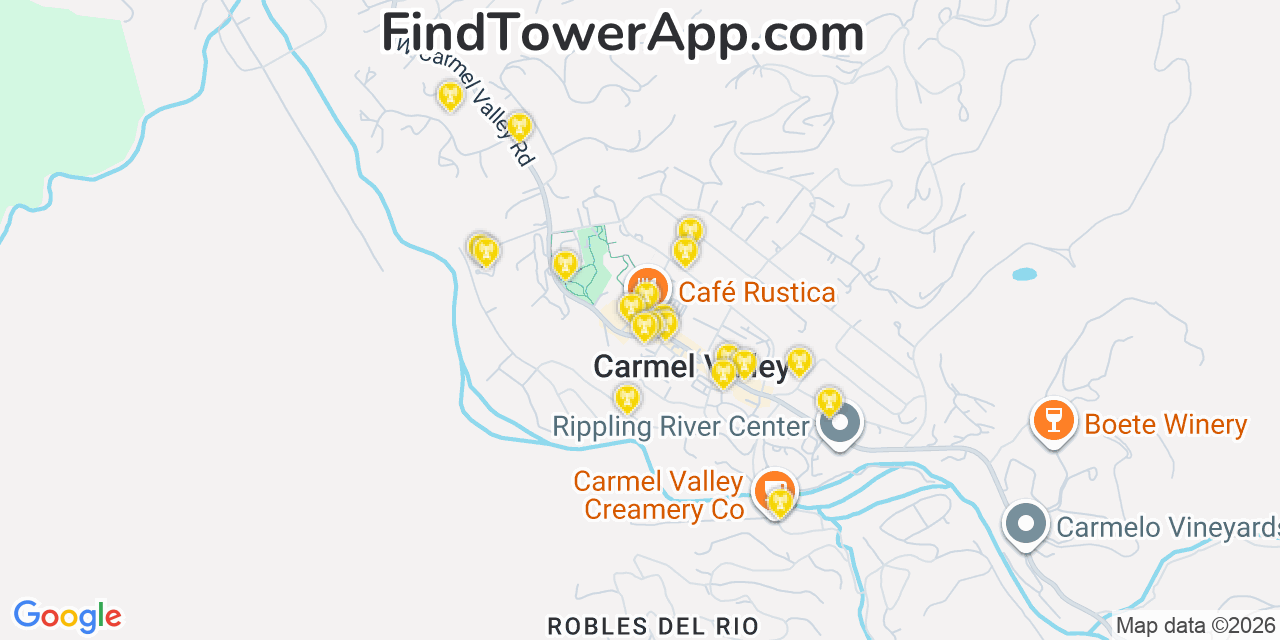 Map showing the 20 primary cell tower locations detected in Carmel Valley Village, California from AT&T, Verizon, and T-Mobile networks