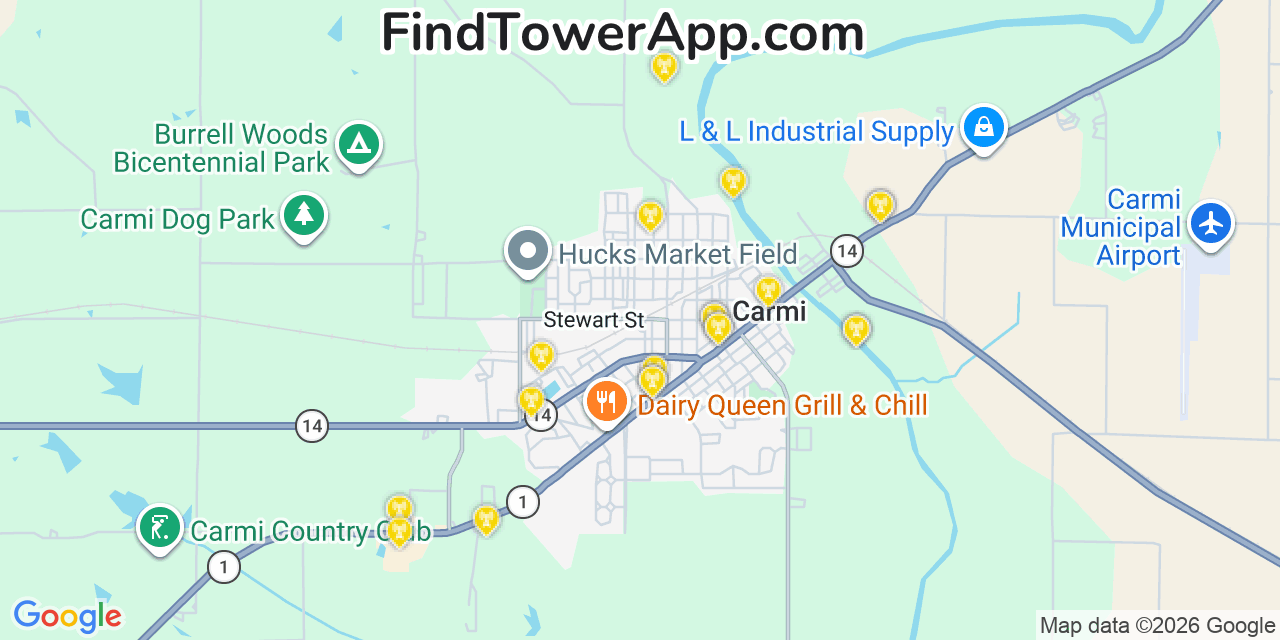 Map showing the 20 primary cell tower locations detected in Carmi, Illinois from AT&T, Verizon, and T-Mobile networks