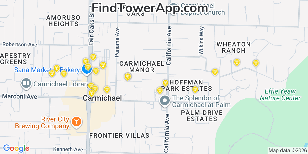 Map showing the 20 primary cell tower locations detected in Carmichael, California from AT&T, Verizon, and T-Mobile networks
