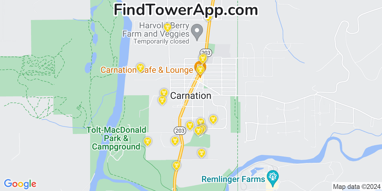 AT&T 4G/5G cell tower coverage map Carnation, Washington