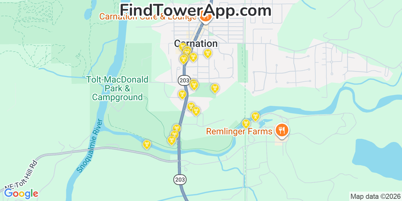 Map showing the 20 primary cell tower locations detected in Carnation, Washington from AT&T, Verizon, and T-Mobile networks