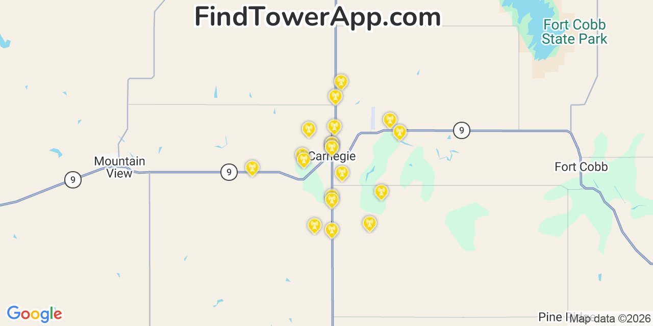 Map showing the 20 primary cell tower locations detected in Carnegie, Oklahoma from AT&T, Verizon, and T-Mobile networks