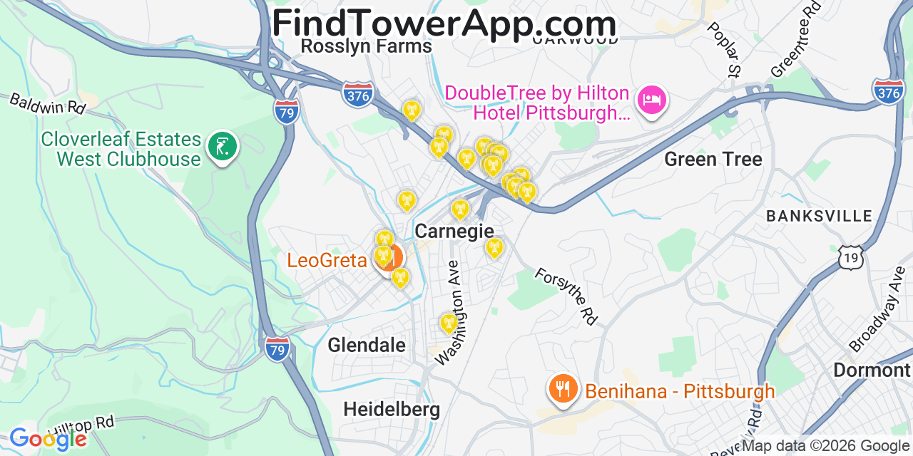 Map showing the 20 primary cell tower locations detected in Carnegie, Pennsylvania from AT&T, Verizon, and T-Mobile networks