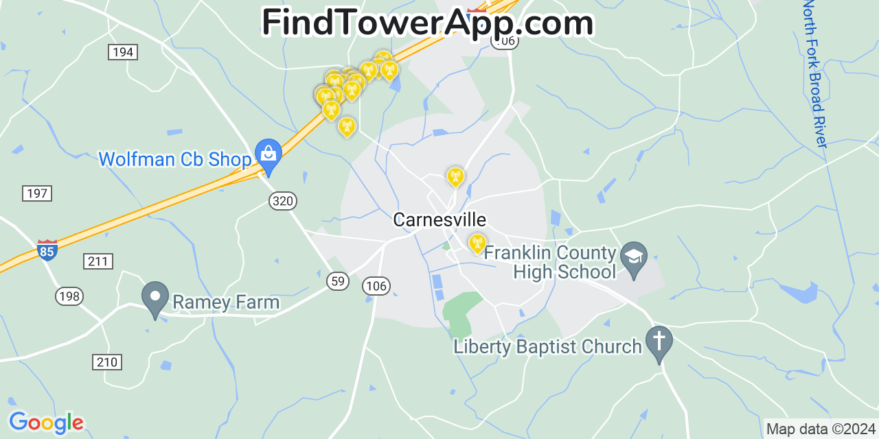 AT&T 4G/5G cell tower coverage map Carnesville, Georgia