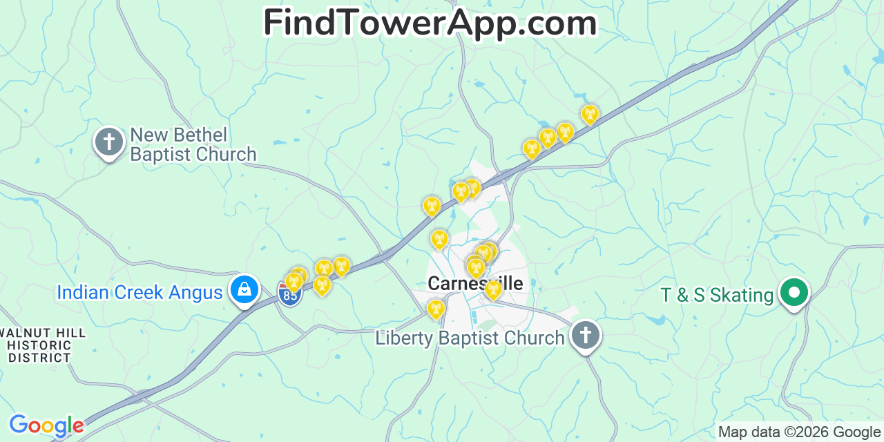 Map showing the 20 primary cell tower locations detected in Carnesville, Georgia from AT&T, Verizon, and T-Mobile networks