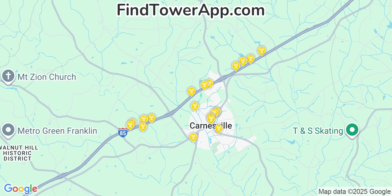 Map showing the 20 primary Mobitel cell tower locations detected in Carnesville, Georgia with coverage radius and signal strength indicators