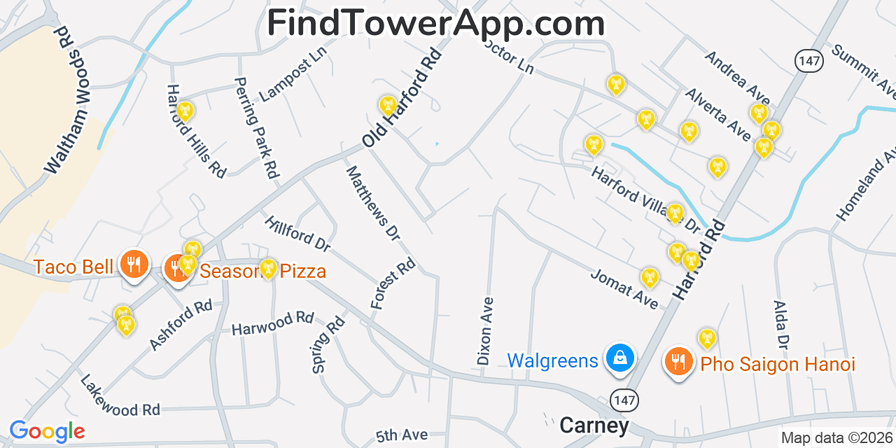 Map showing the 20 primary cell tower locations detected in Carney, Maryland from AT&T, Verizon, and T-Mobile networks