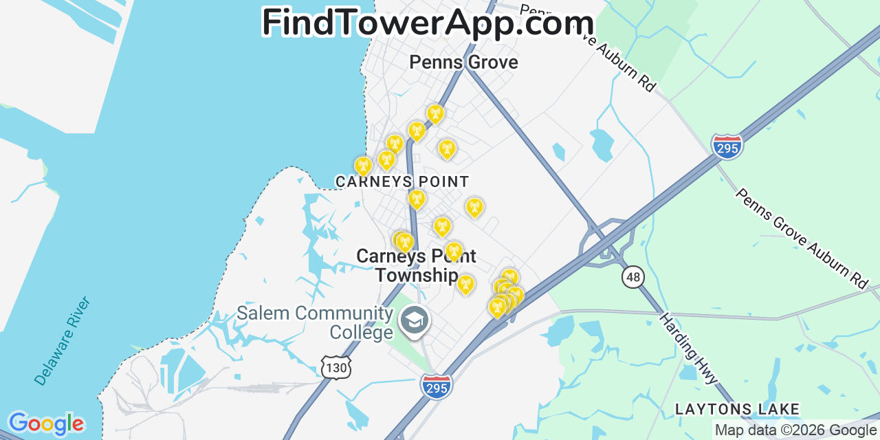 Map showing the 20 primary cell tower locations detected in Carneys Point, New Jersey from AT&T, Verizon, and T-Mobile networks