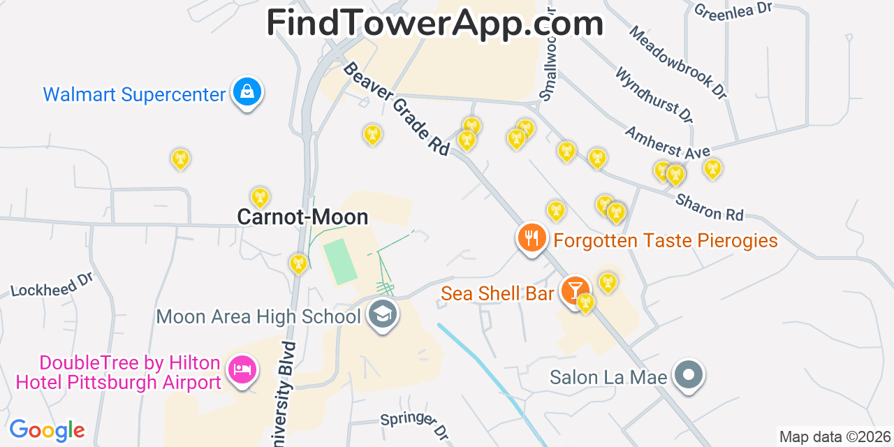 Map showing the 20 primary cell tower locations detected in Carnot Moon, Pennsylvania from AT&T, Verizon, and T-Mobile networks