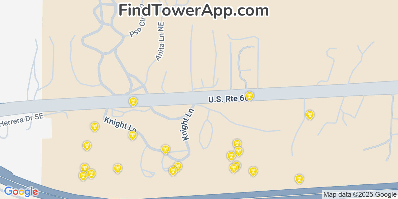 Map showing the 20 primary cell tower locations detected in Carnuel, New Mexico from AT&T, Verizon, and T-Mobile networks