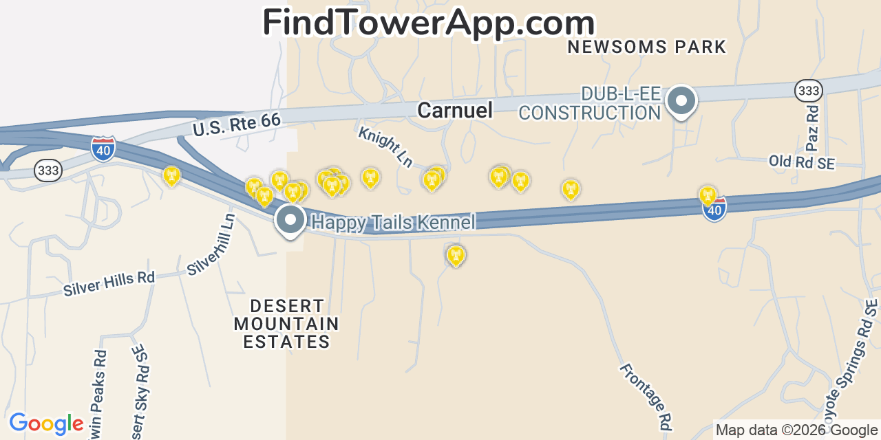 Map showing the 20 primary cell tower locations detected in Carnuel, New Mexico from AT&T, Verizon, and T-Mobile networks
