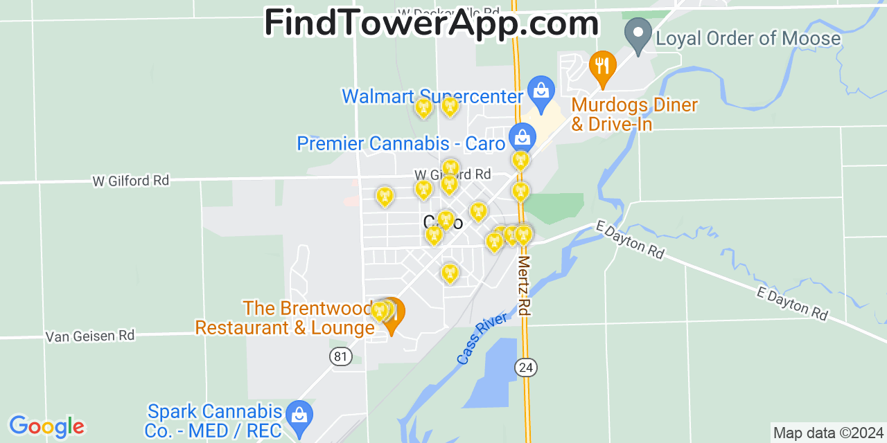 AT&T 4G/5G cell tower coverage map Caro, Michigan