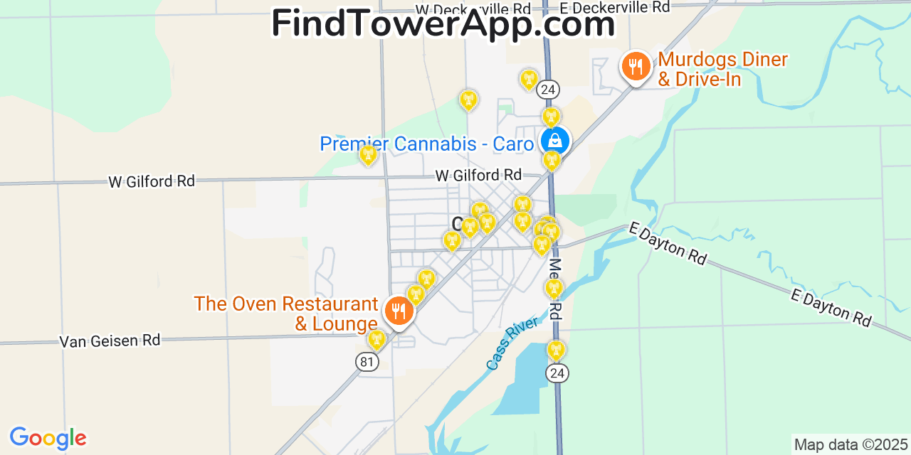 Map showing the 20 primary cell tower locations detected in Caro, Michigan from AT&T, Verizon, and T-Mobile networks