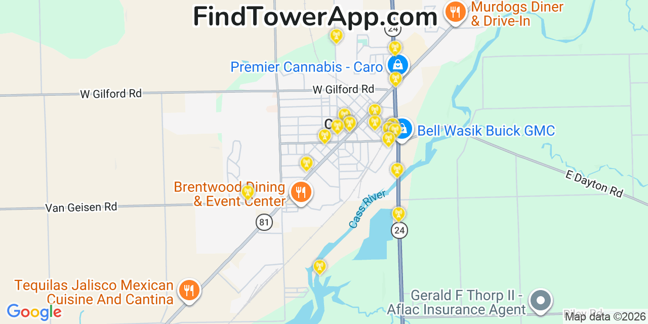 Map showing the 20 primary cell tower locations detected in Caro, Michigan from AT&T, Verizon, and T-Mobile networks