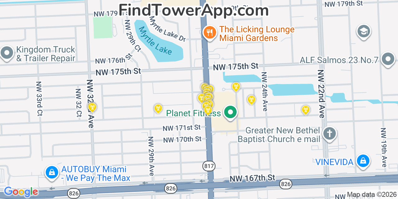 Map showing the 20 primary cell tower locations detected in Carol City, Florida from AT&T, Verizon, and T-Mobile networks