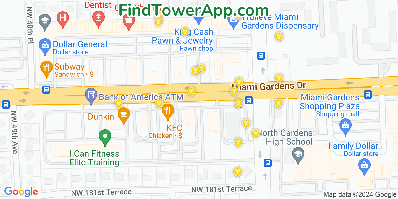 Verizon 4G/5G cell tower coverage map Carol City, Florida