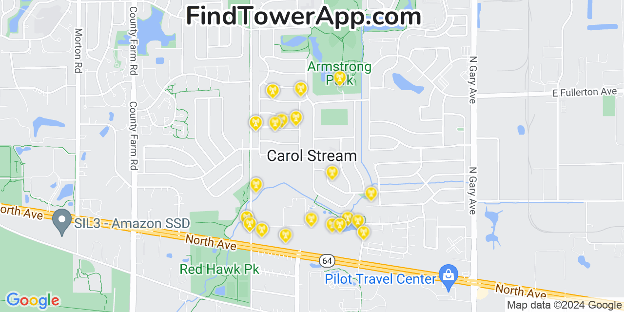 AT&T 4G/5G cell tower coverage map Carol Stream, Illinois