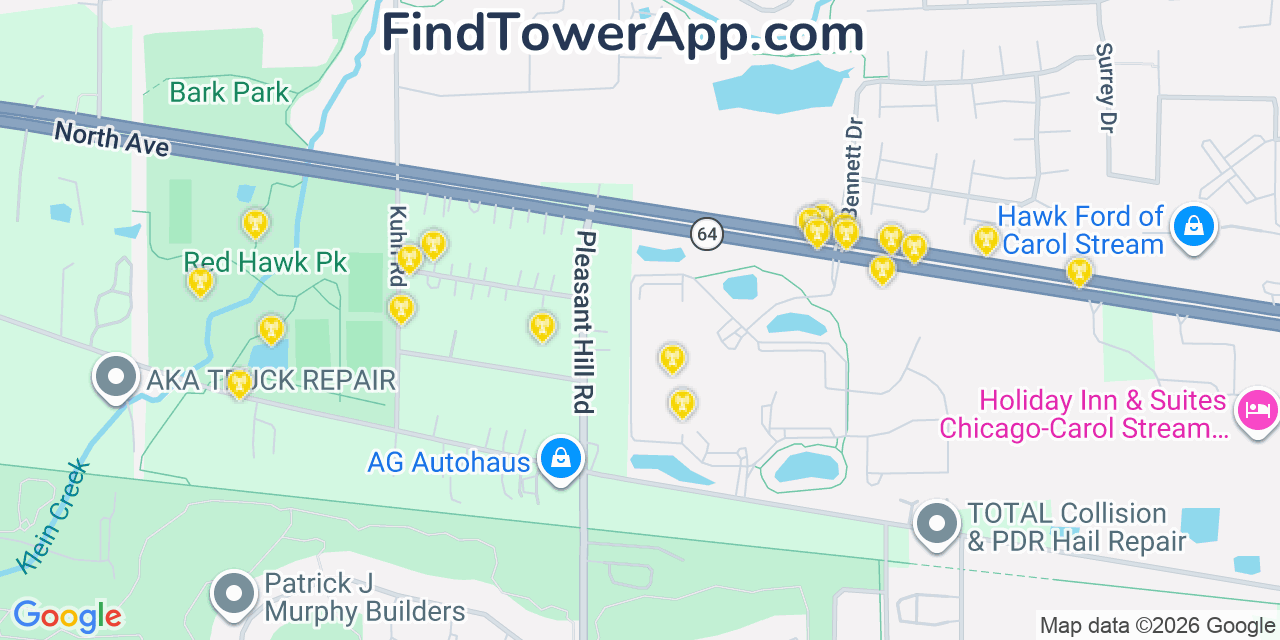 Map showing the 20 primary cell tower locations detected in Carol Stream, Illinois from AT&T, Verizon, and T-Mobile networks